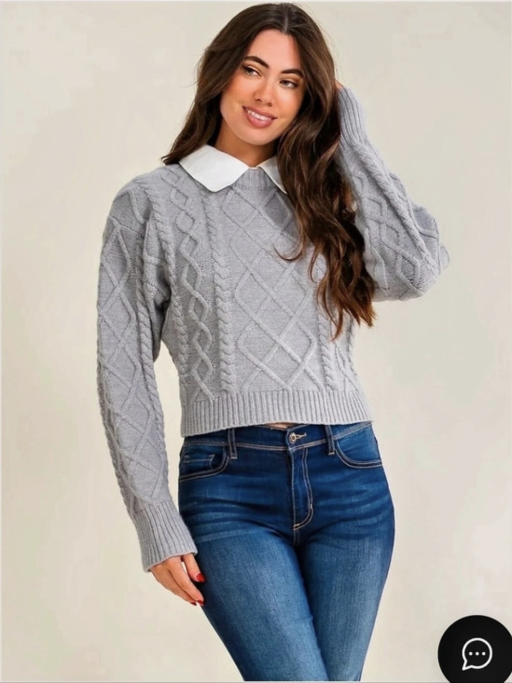 SM- Emory Park Collared Cable Knit Pullover Cable Knit Collared Sweater in Gray